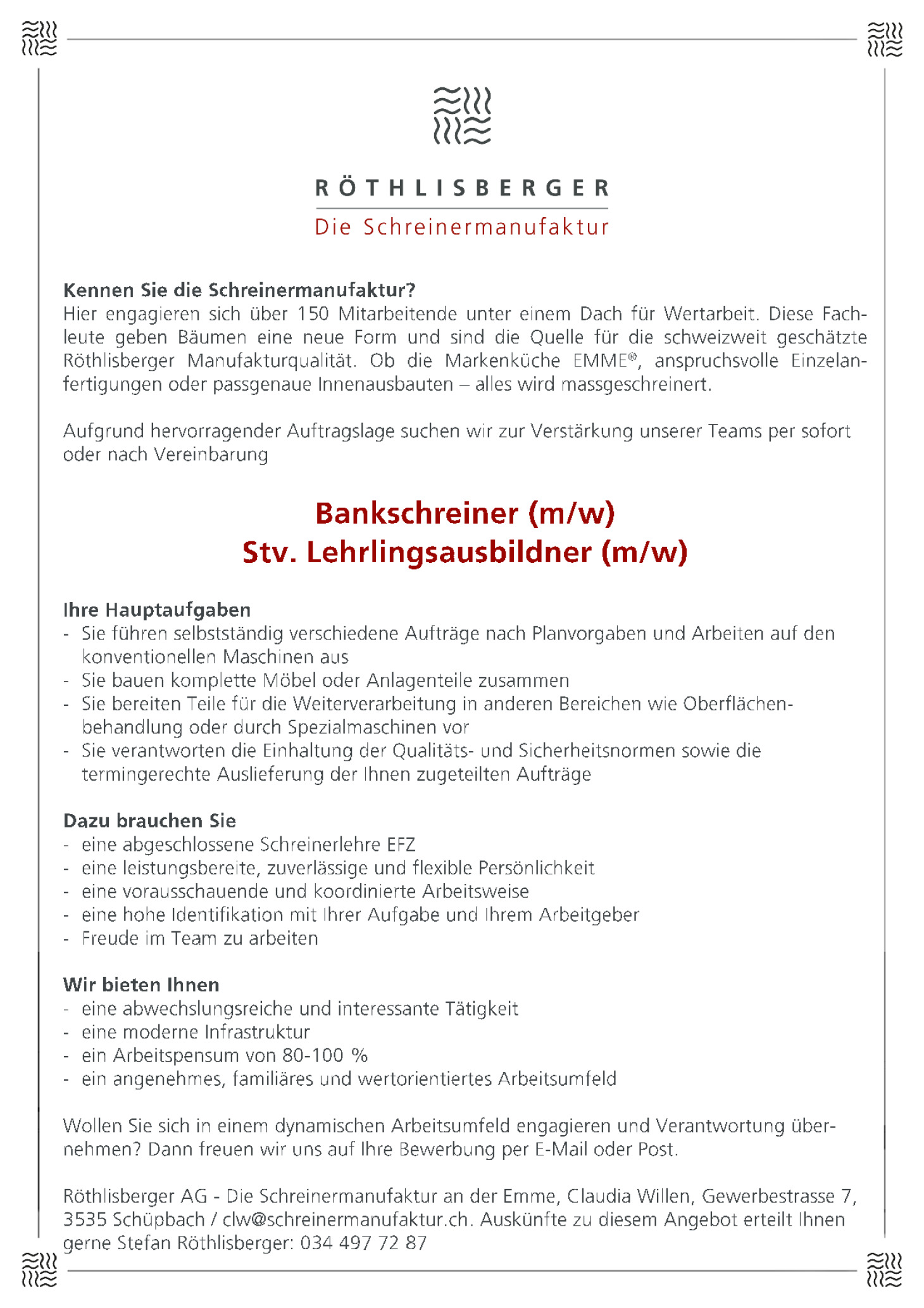 Bankschreiner (m/w) / Stv. Lehrlingsausbildner (m/w)