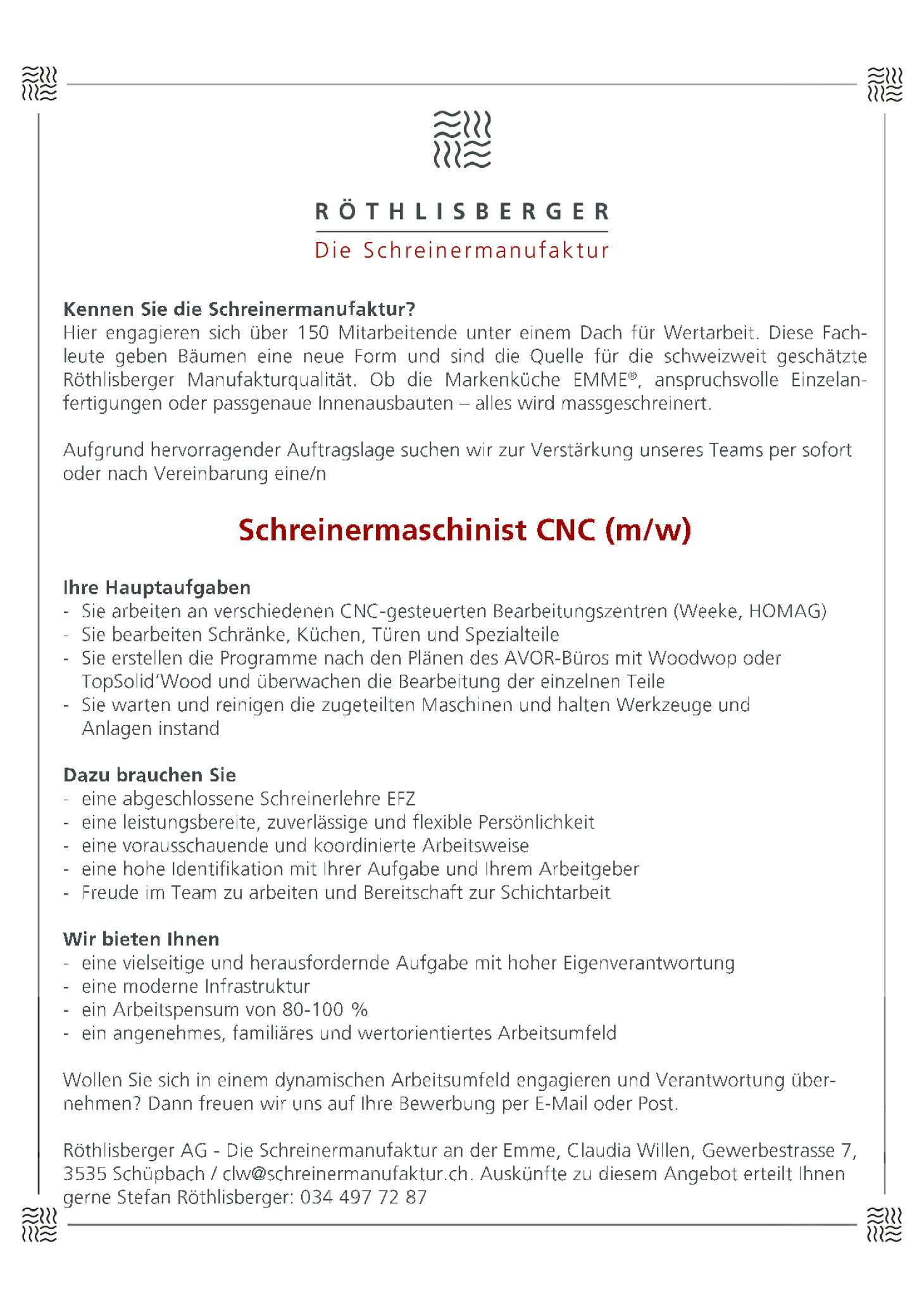 Schreinermaschinist CNC (m/w)