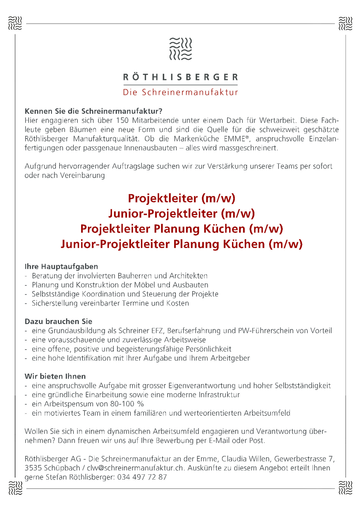 Projektleiter Planung Küchen (m/w) / Junior-Projektleiter Planung Küchen (m/w)