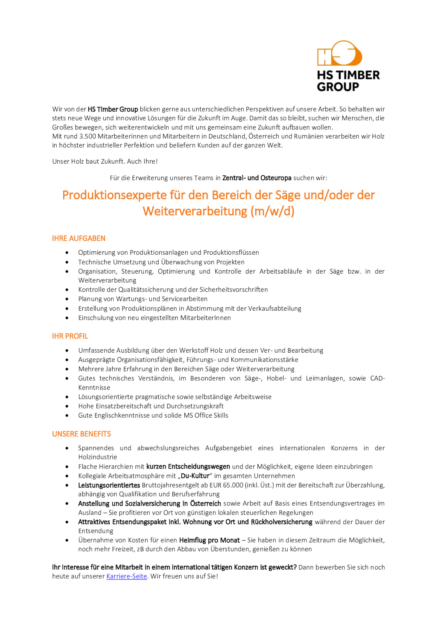 Produktionsexperte für den Bereich der Säge und/oder der Weiterverarbeitung (m/w/d)