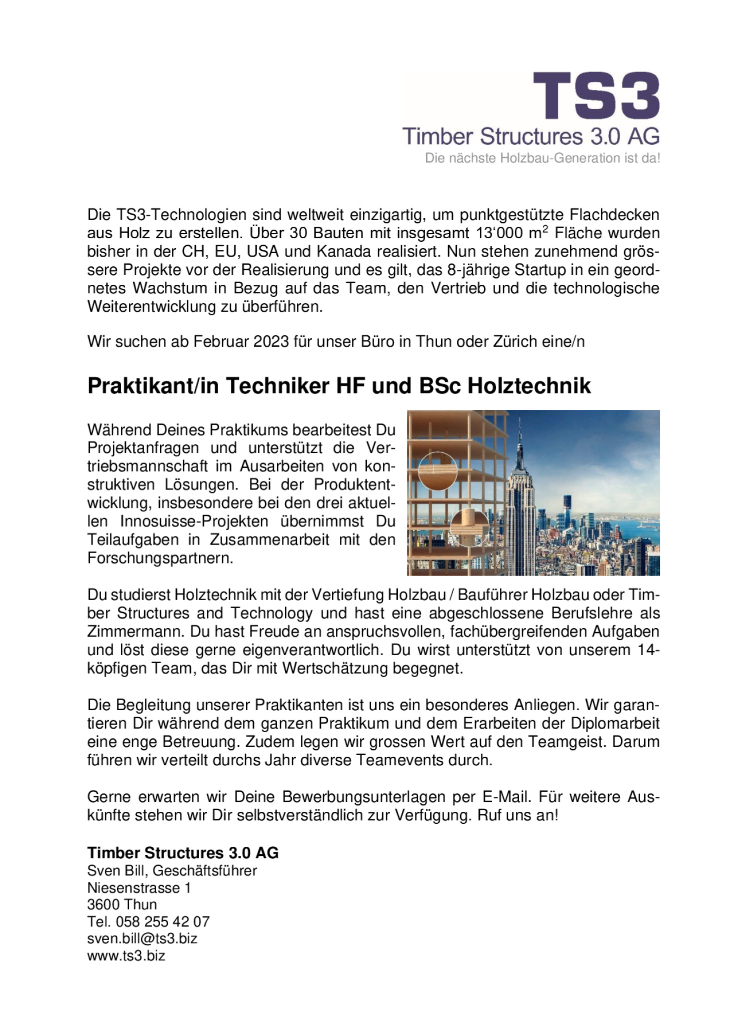 Praktikant/in Techniker HF und BSc Holztechnik