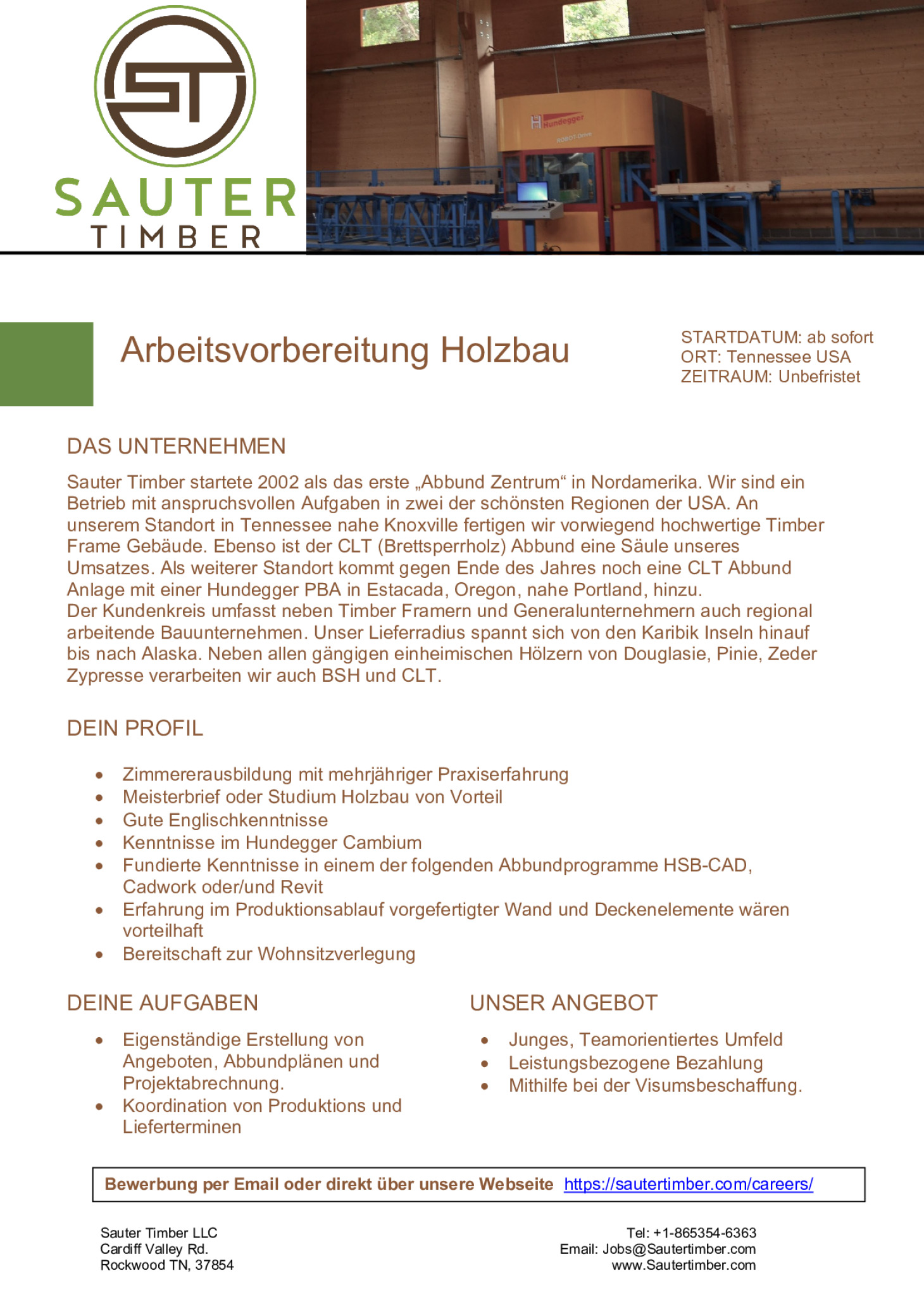 Zimmerer als Arbeitsvorbereiter (m/w/d) Holzbau - Tennessee USA