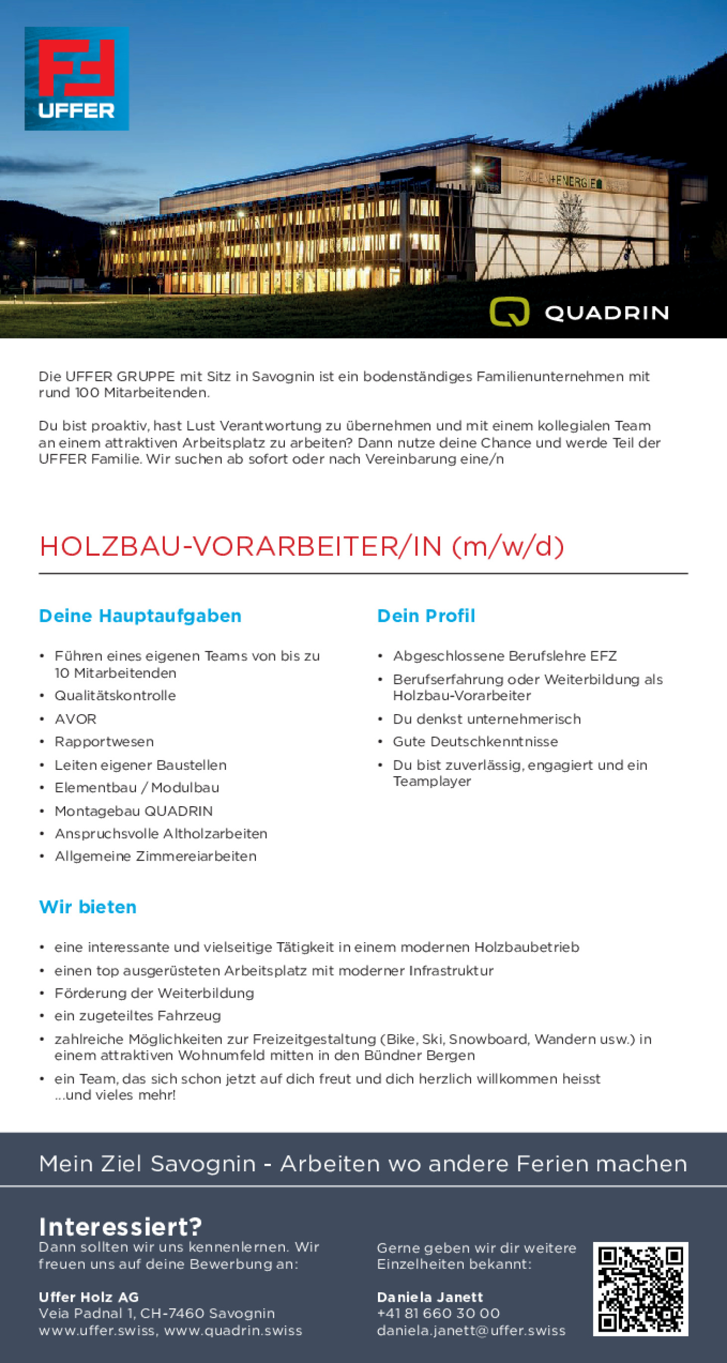 Holzbau-Vorarbeiter / Holzbau-Vorarbeiterin (m/w/d),  CH-7460 Savognin