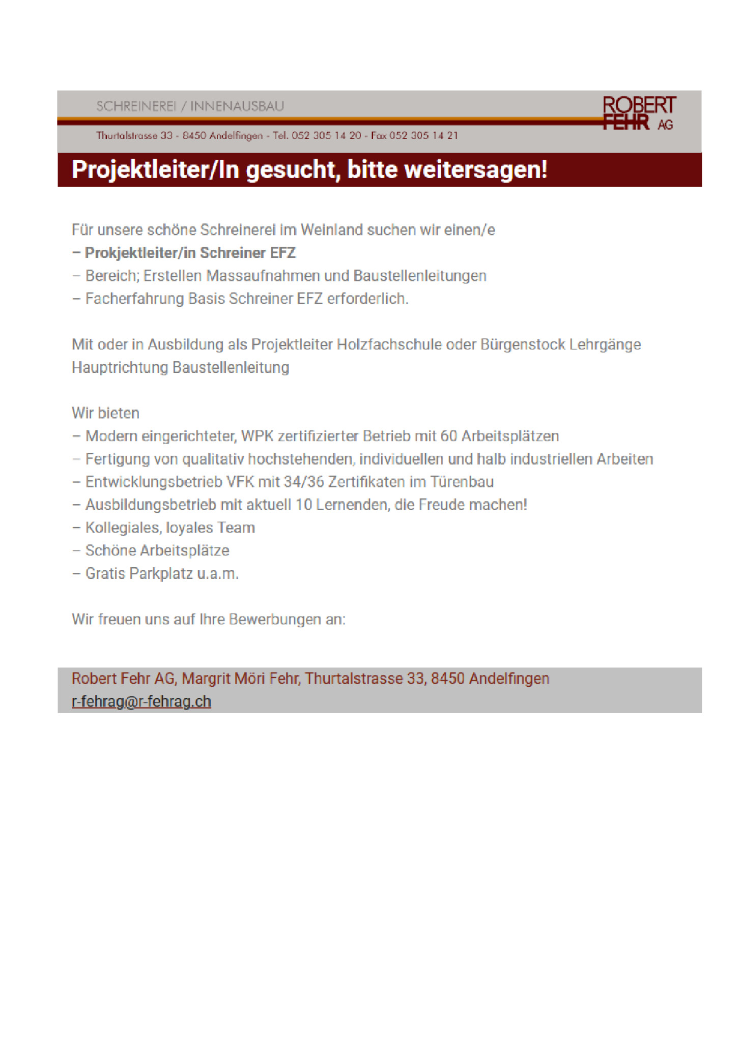 Projektleiter Schreiner EFZ (w/m/d)