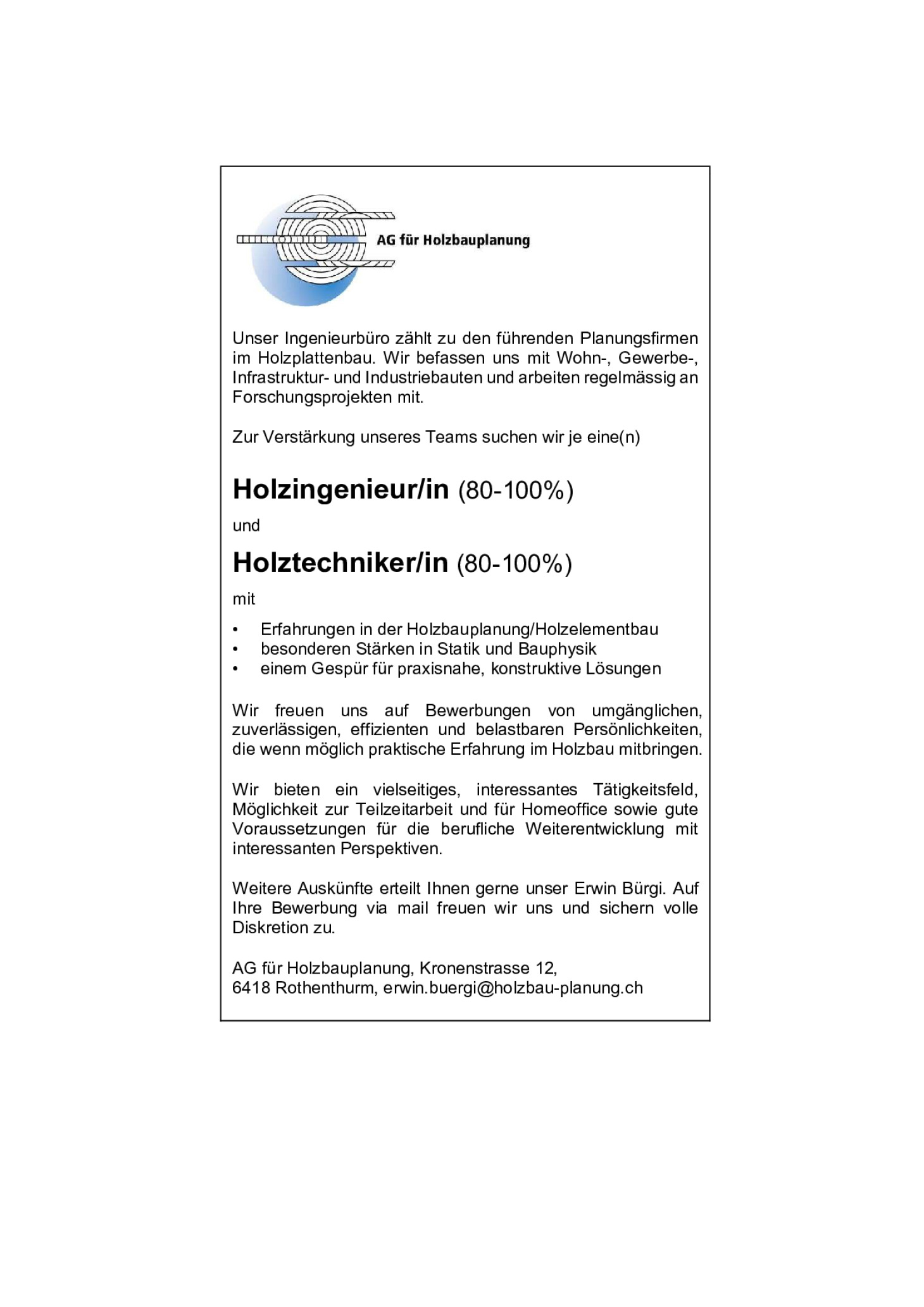 Holzingenieur (m/w/d) 80-100%