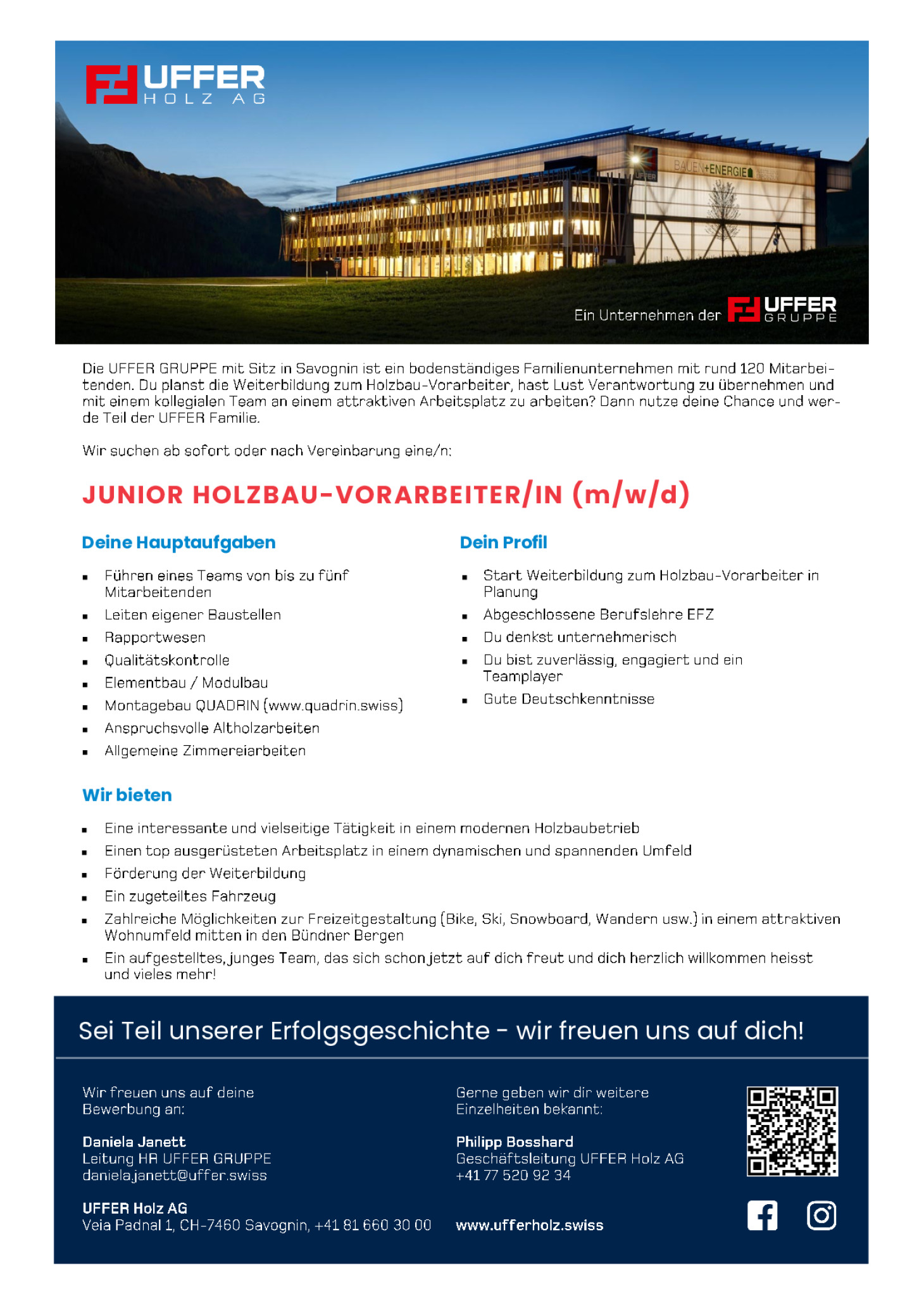 Junior Holzbau-Vorarbeiter/in (m/w/d) CH-7460 Savognin