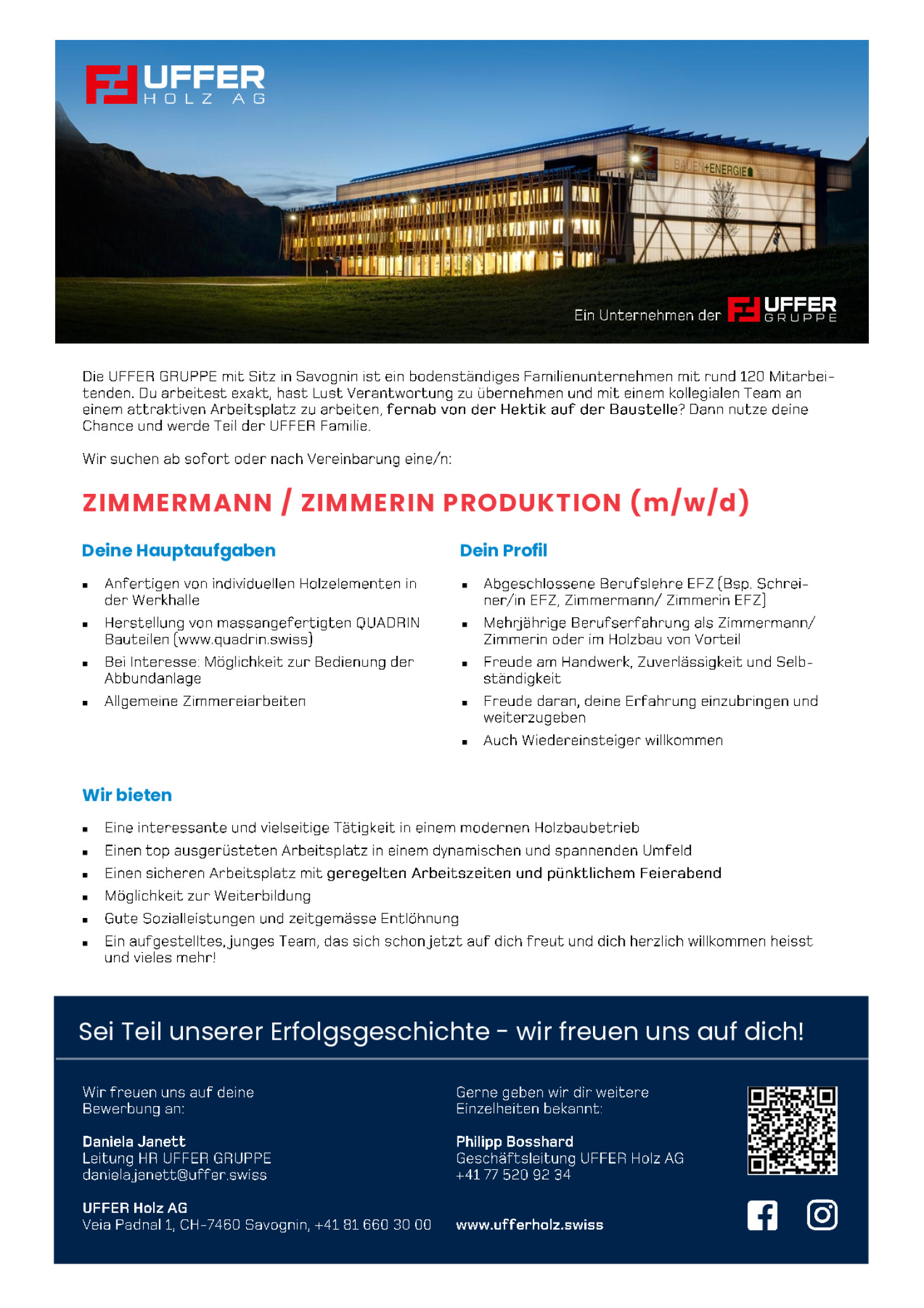 Zimmermann / Zimmerin Produktion (m/w/d) CH-7460 Savognin